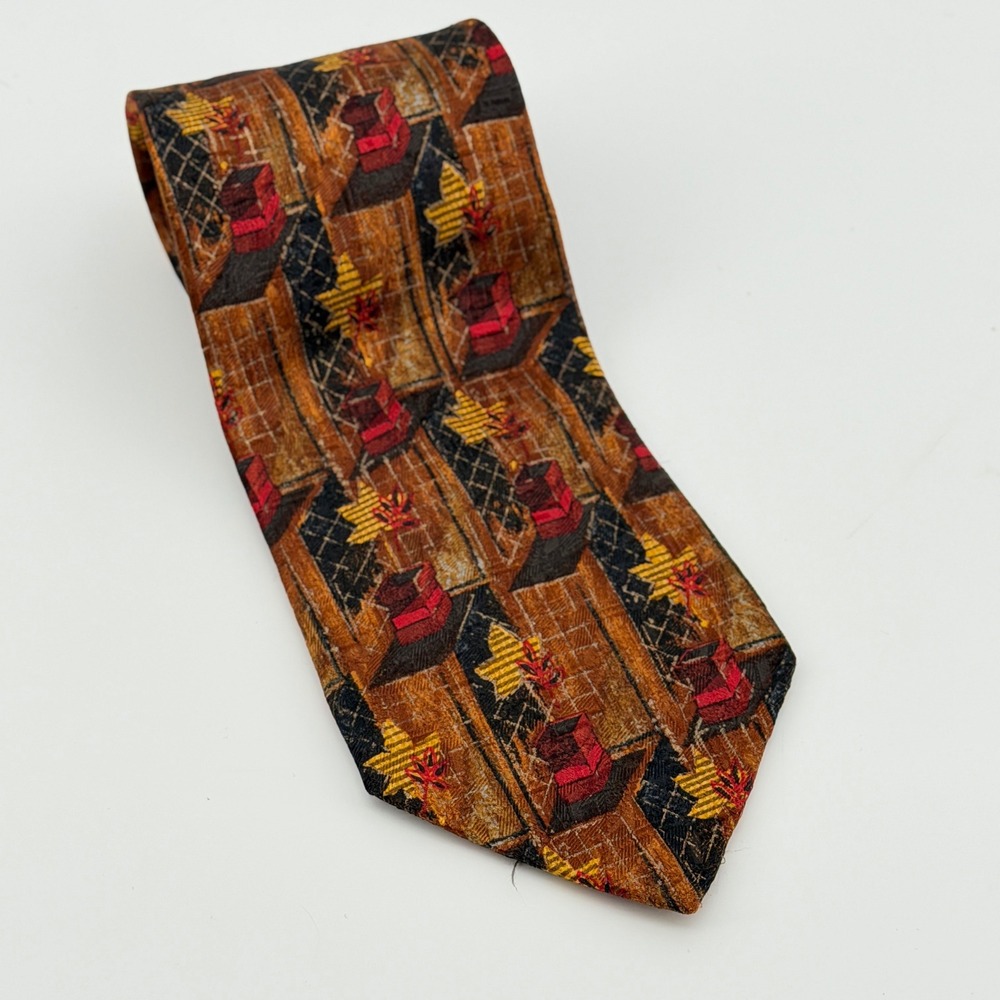Ermenegildo Zegna Mens Silk Tie Brown Red Abstract Geometric Made in Italy